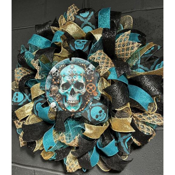 Handmade Halloween Wreath Teal Blue & Gold Steampunk Skull 24 Inch Deco Mesh - Picture 3 of 8